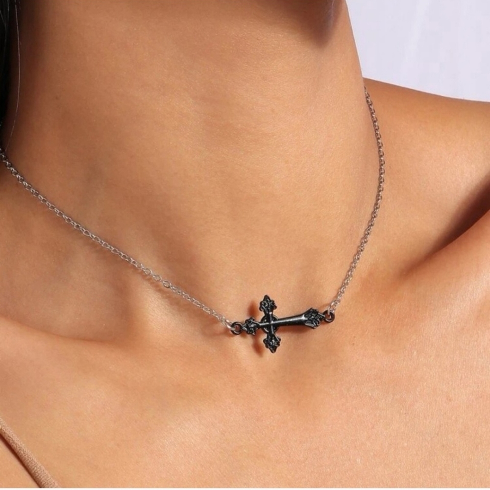 Black Cross Silver Choker Necklace